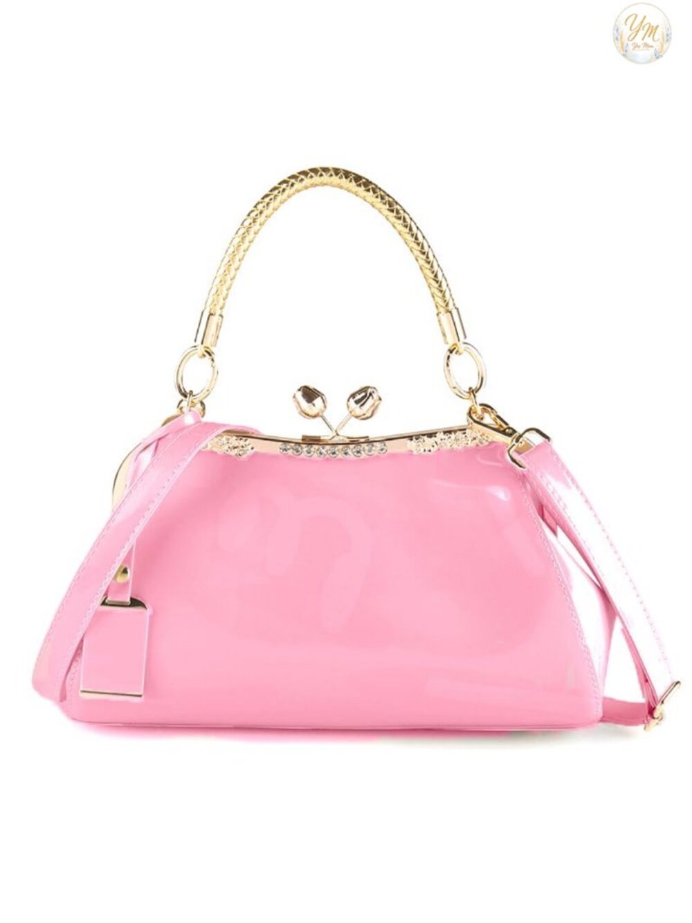 Patent Leather Satchel Kiss Lock Evening Handbag with Strap